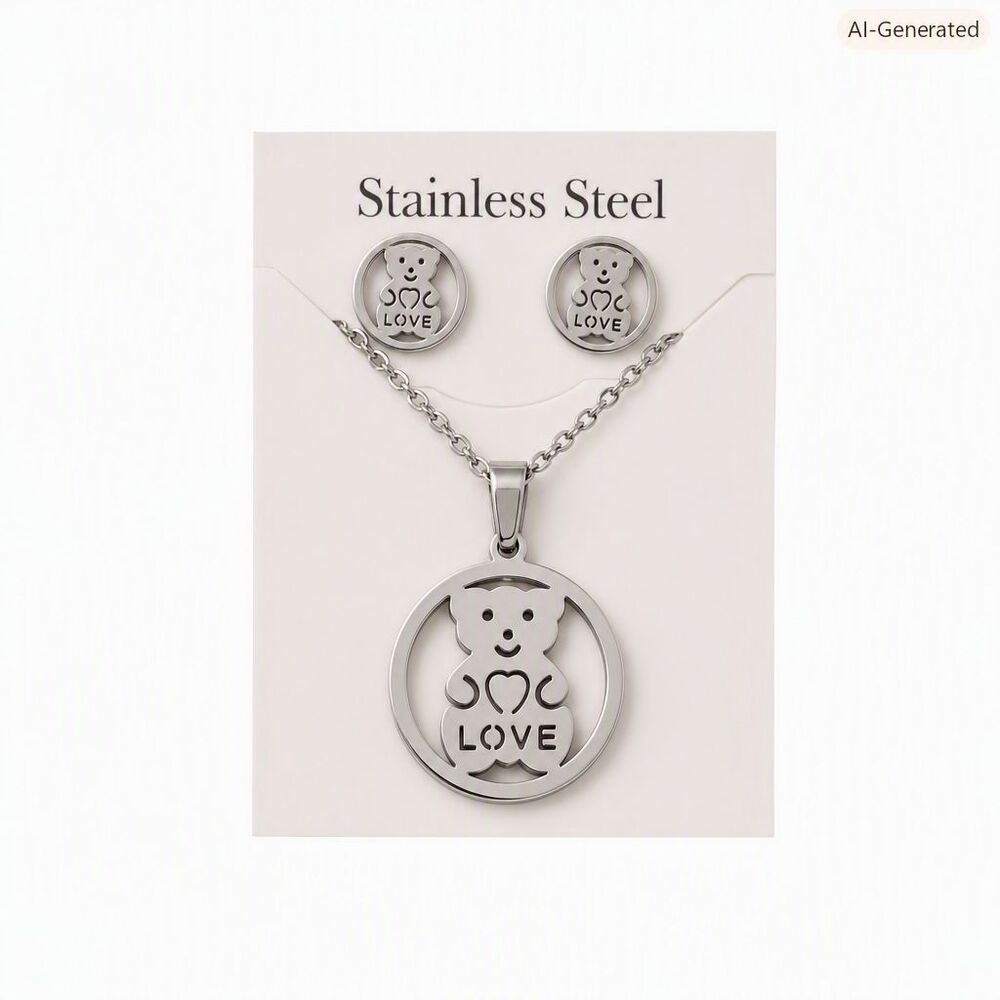 VTG Inspired Stainless Steel Teddy Bear Love 17" - 19" Necklace & Earring Set